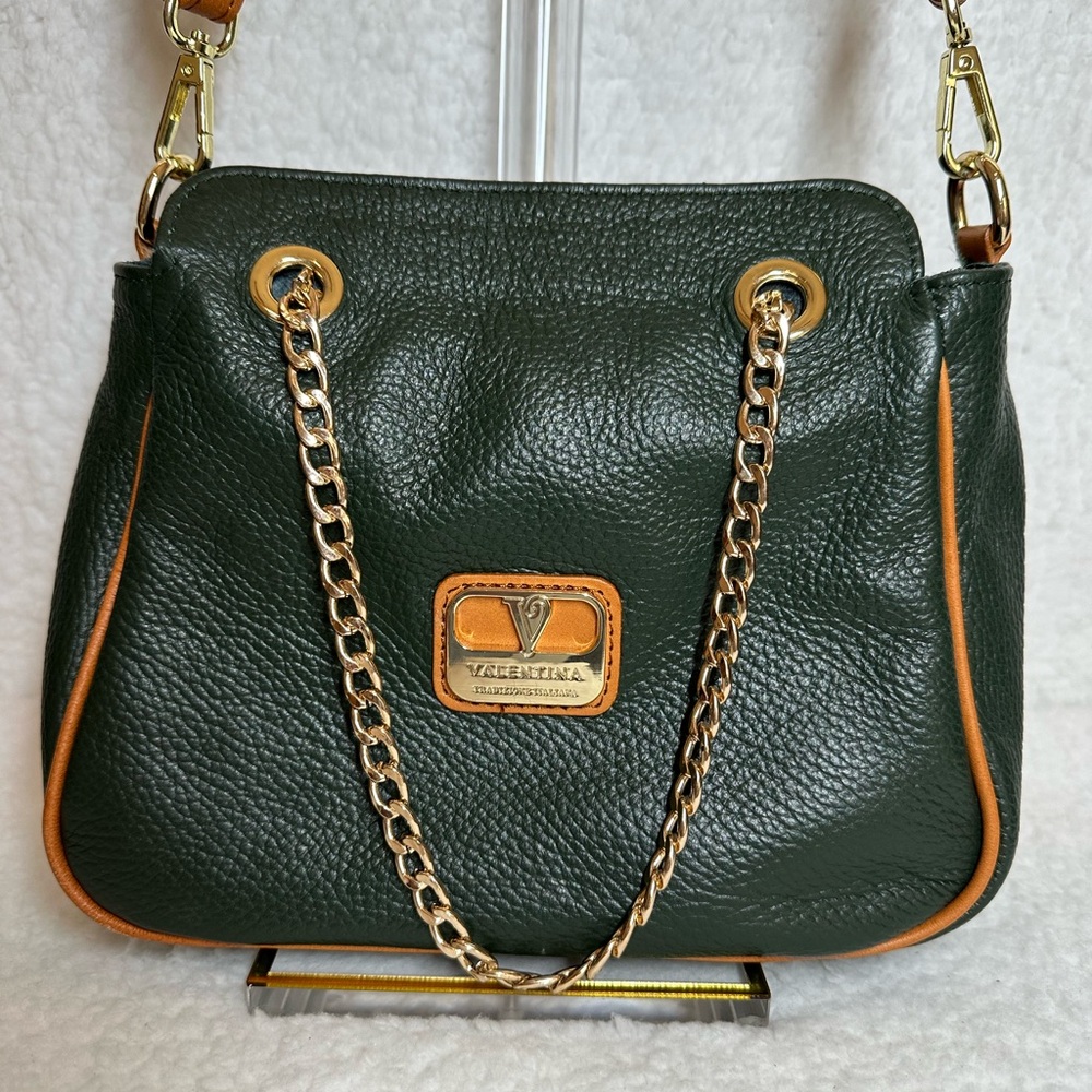 Valentina Dark Green Leather Shoulder Bag with Chain